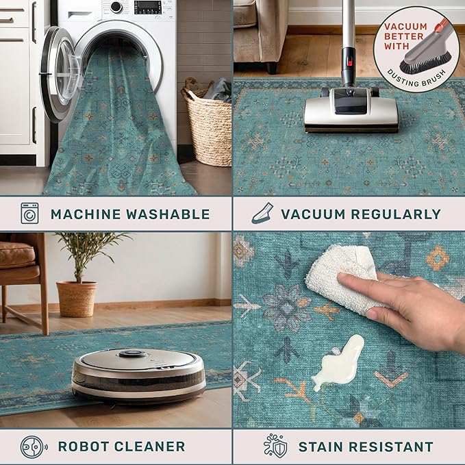 Hazo Haus Boho 2x6 Non Slip Kitchen Rug Runner - Teal Washable Rug for Bathroom, Laundry Room, Hallway, Non Slip with Rubber Backing, Floral Aqua Blue Unique Runner Décor