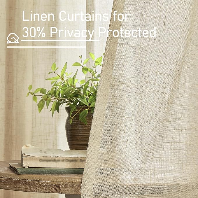 LAMIT Natural Linen Curtains for Living Room, 80 inch Length Light Filtering Semi Sheer Drapes Back Tab and Rod Pocket Farmhouse Panels for Bedroom, 2 Panels, Linen, 34 x 80 Inch