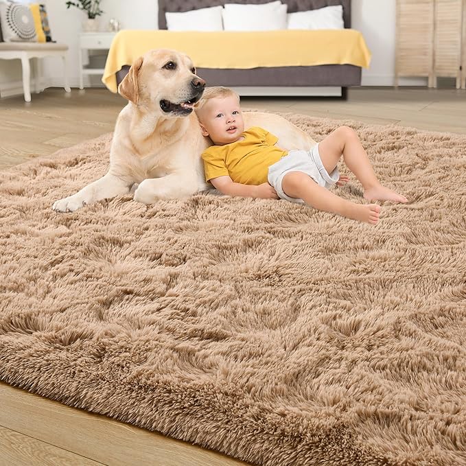 Tepook Super Soft Fluffy Rug for Bedroom, Modern Shaggy Fuzzy Kids Rugs for Living Room, Plush Indoor Nursery Home Decor Dorm Carpet with Non-Slip Bottom, Beige, 4 X 6 Feet