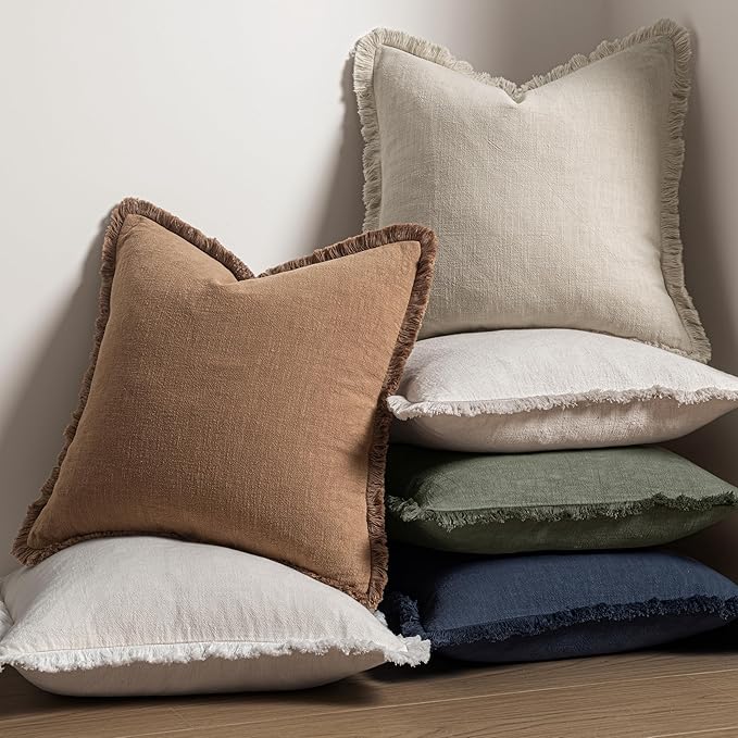 MIULEE Decorative Throw Pillow Covers Neutral Linen Fringe Throw Pillows Euro Shams Set of 2 Brown Boho Farmhouse Cushion Covers for Couch Sofa Bed Living Room Spring Home Decor 22x22 Inch