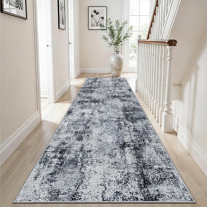 3x12 Washable Hallway Runner Rug: Non Slip Carpet Runners Easy-to-Clean - Soft Living Room Bedroom Kitchen Rugs - Thin Low Pile Printed Floor Mat for Dining Room Neutral Black Grey