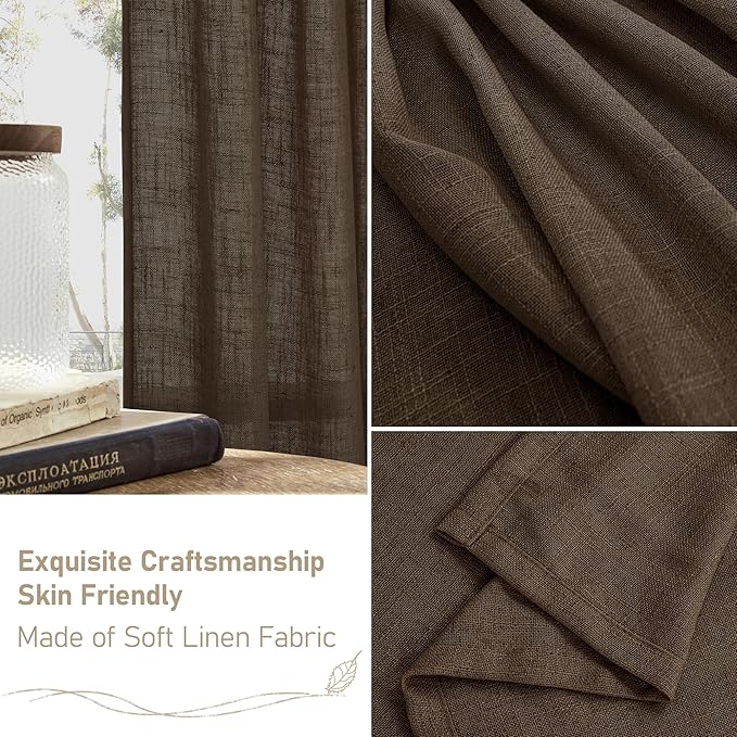 LAMIT 54 Inch Length Linen Curtains for Small Window, Semi Sheer Light Filtering Panels Back Tab and Rod Pocket Neutral Drapes for Bedroom, Dark Brown, 2 Panels, 34 x 54 Inch