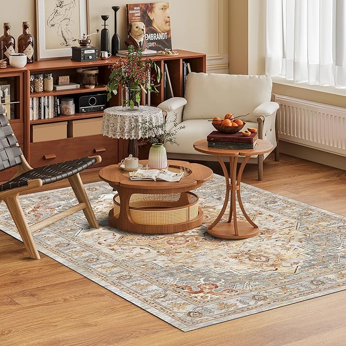 Washable Area Rug 6' x 9' Vintage Traditional Persian Mat - Foldable Distressed Non-Slip Machine Washable Carpet for Living Room Bedroom Kitchen Home Decor - Dove Gray and Coral