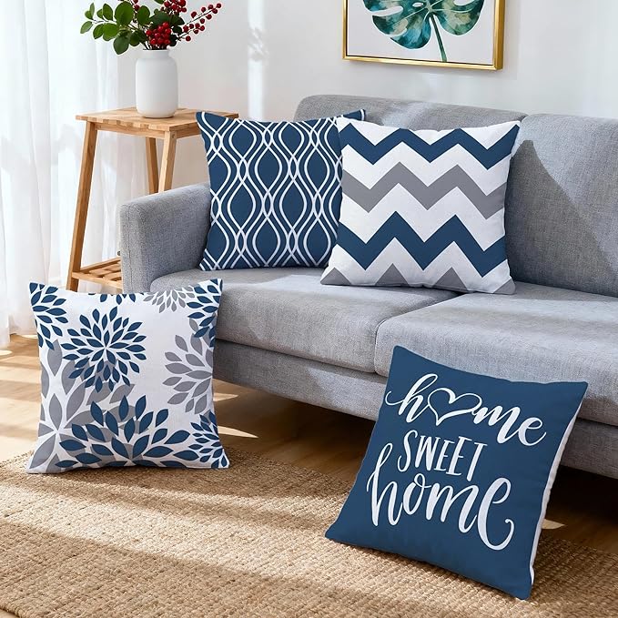 Hexagram Geometric Blue Pillow Covers 16x16 Set of 4, Decorative Outdoor Boho Modern Throw Pillow Covers, Home Sweet Home Farmhouse Cushion Case for Couch Sofa Bedroom Indoor Decor(No Insert)