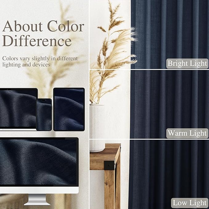 Nanspring Navy Blue Linen Curtains 63 Inches Length 2 Panels Set for Living Room Back Tab Pocket Light Filtering Semi Sheer Drapes Cotton Linen Textured Indigo Blue Window Curtain 52X63 Inches