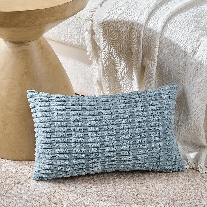 Fancy Homi 4 Packs Boho Light Blue Decorative Throw Pillow Covers 12x24 Inch for Couch Bed Sofa, Rustic Modern Farmhouse Home Decor, Soft Plush Corduroy Cute Rectangle Cushion Case 30x60 cm