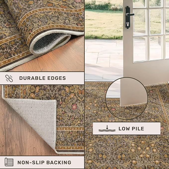 Brown Washable 2x4 Entry Rug - Front Door Rugs Indoor, Vintage Floral Style Small Rug for Kitchen, Bathroom, Non-Slip Boho Gold Entryway Décor