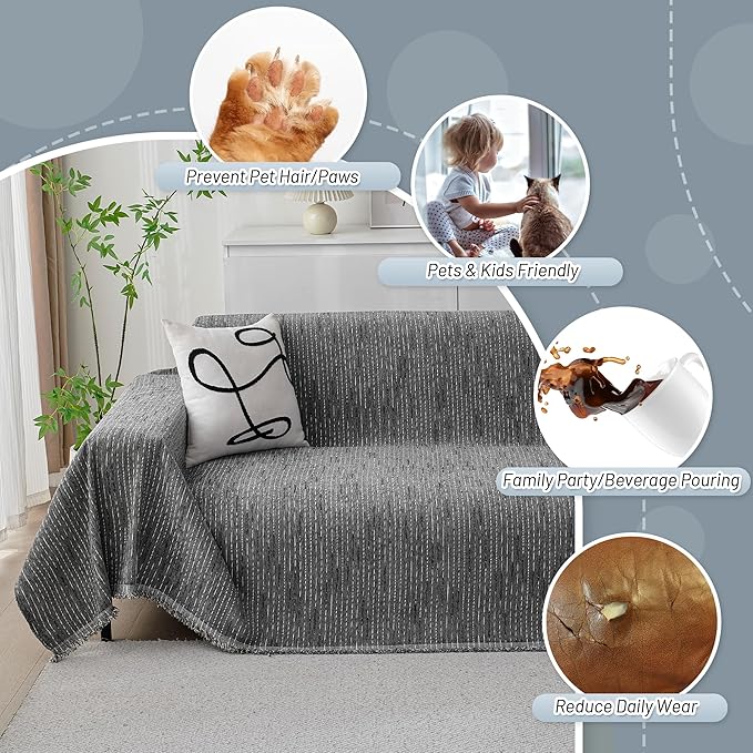 MYSKY HOME Couch Covers for Sofa, Dog Couch Cover Protector, Dark Grey Lines Sofa Covers for Sectional L Shape, Pets Couch Throw Cover Washable Durable Large Couch Cover for Dogs, Cats, 91"X150"