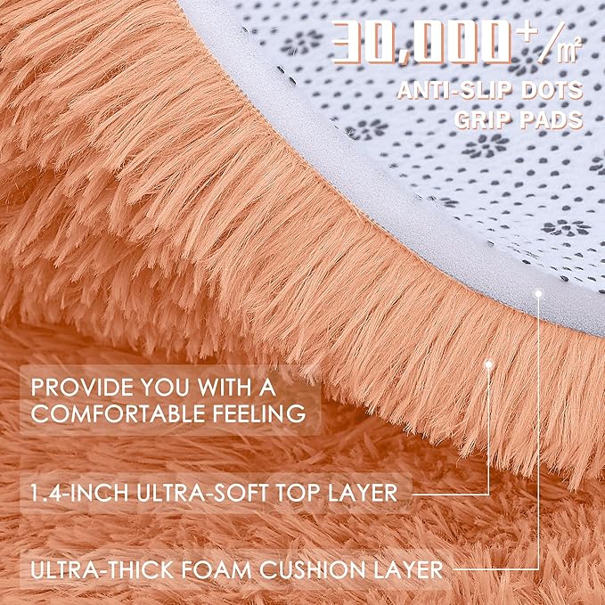 OLANLY Muted Orange Round Rugs for Bedroom - Machine Washable, 7 ft Circle Area Rugs for Living Room, Soft and Fluffy Shaggy Carpet for Teen Girl and Boys, Nursery Rooms, Dorms, Home Decor Aesthetic
