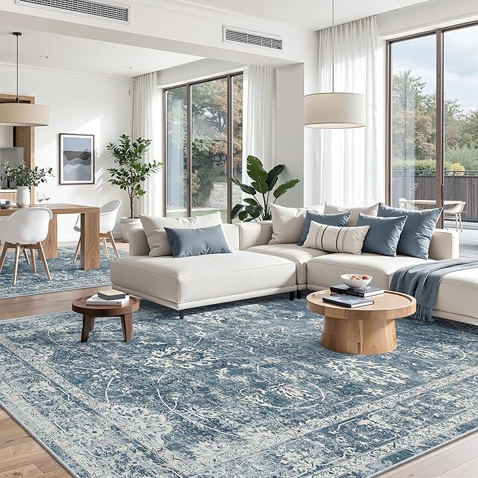 Madane 8x10 Area Rugs for Living Room, Machine Washable Vintage Rug with Non-Slip Backing, Soft Floral Print Large Throw Rugs, Thin Carpet for Bedroom Dining Room Farmhouse (8 x 10, Cadet Blue)