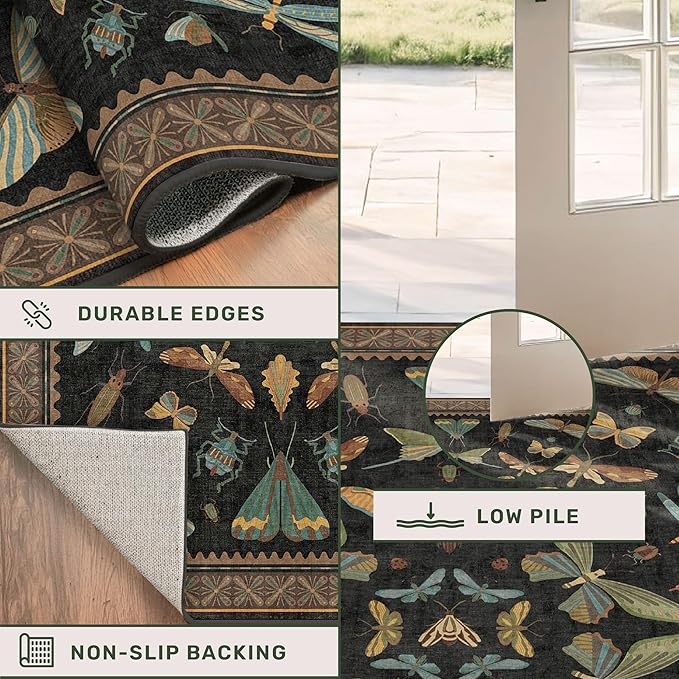 2x5 Black Washable Kitchen Runner Rugs Non Skid Washable - Gothic Runner Rug for Entryway, Kitchen, Insect Print Stain Resistant Indoor Décor