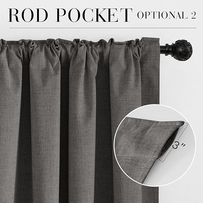 RYB HOME Grey 100% Blackout Linen Curtains 72 inch Long, Thermal Insulated & Privacy Assurd Drapes for Bedroom/Office/Nursery, Rod Pocket & Back Tab Window Treatment, W52 X L72, 2 Panels