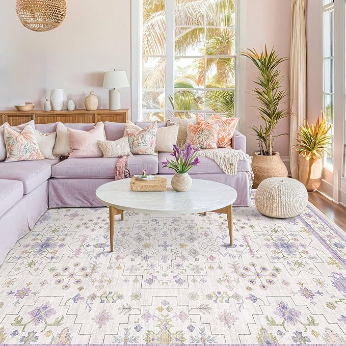 Hazo Haus 6x9 Lavender Rug for Bedroom, Kids Playroom, Non Slip Large Washable Living Room Area Rug, Low Pile Stain Resistant Foldable Boho Fairy Décor