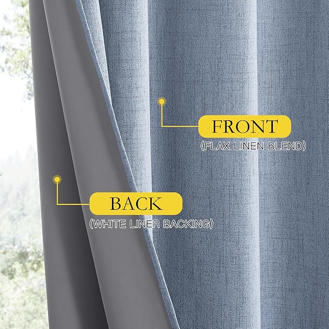 NICETOWN Stone Blue Vintage Linen 100% Blackout Curtains for Living Room, Thermal Insulated Curtains 120“ Long, Noise Reducing Window Treatment Drapes for Home Office, 62" Wide Per Panel, Set of 2