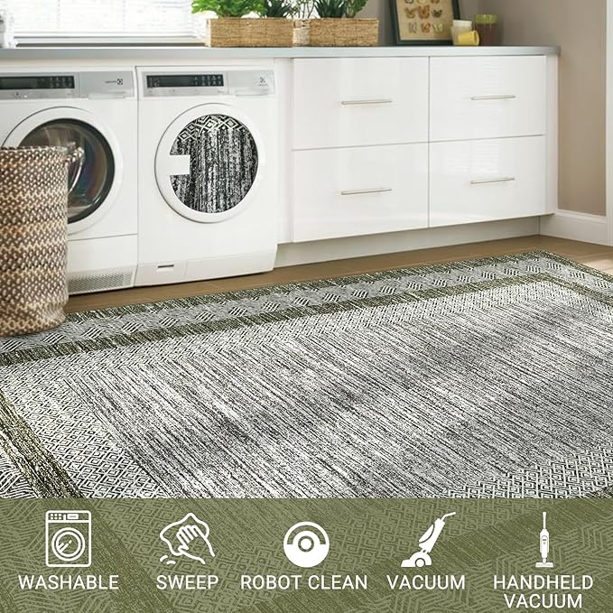 Washable 2.5x10 Kitchen Runner Rug, Easy Clean Geometri Rugs for Hallway Entryway, Indoor Outdoor Non Slip Rug Farmhouse Morden Carpet Door Mat Area Rug for Laundry Room Green