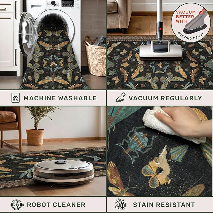 Hazo Haus Black Front Door Mat Indoor Entrance Non Slip Washable - 3x4 Throw Rug for Kitchen, Mudroom, Bedroom Bedside, Insect Boho Vintage Aesthetic Décor