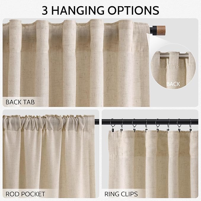 Nanspring Grey Flax Curtains 96 Inch Length 2 Panels Set for Living Room Linen Blend Light Filtering Mordern Boho Sheer Curtain Back Tab and Rod Pocket Privacy Drapes for Bedroom Office 52x96