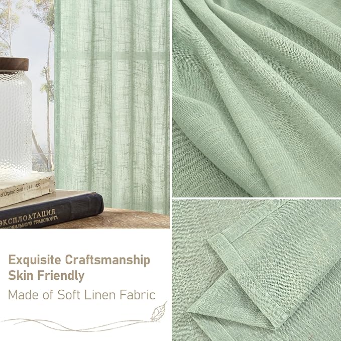 LAMIT 54 Inch Semi Sheer Window Linen Curtains, Light Filtering Panels Back Tab and Rod Pocket Country Decor Drapes for Bedroom/Farmhouse, Fresh Green, 2 Panels, 34 x 54 Inch