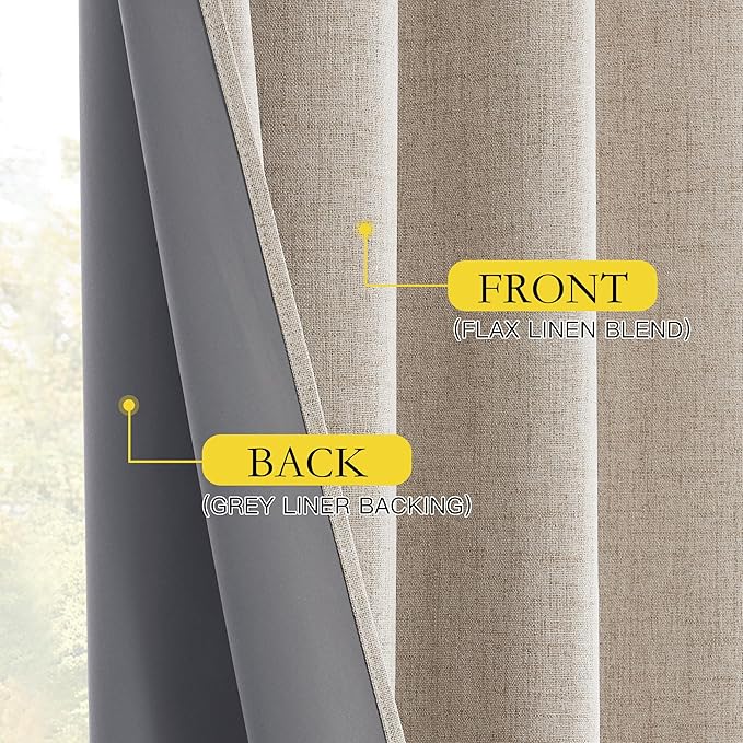 NICETOWN Oatmeal Vintage Open Linen Weave Flax Thermal Curtains, 100% Blackout Curtains 90" Long for Dining Room, Soundproof Window Treatment Drapes for Home Office, 62" Wide Per Panel, Set of 2
