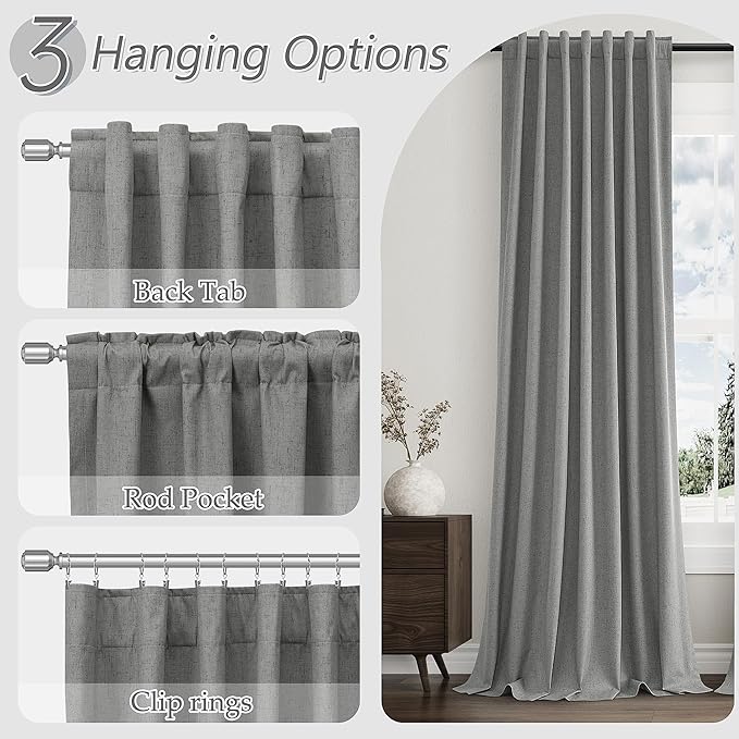 Guken 100% Blackout Linen Curtains 108 Inch Length 2 Panels Set for Living Room Bedroom Back Tab Thermal Insulated Black Out Linen Drapes Room Darkening Window Curtains,Dark Grey