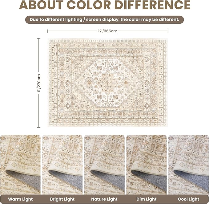 zesthome 9x12 Area Rugs,Stain Resistant Washable Rug,Ultra-Thin Rugs for Living Room,Bedroom,Non-Slip Backing Home Decor Large Area Rug (Cream/Beige,9'x12')