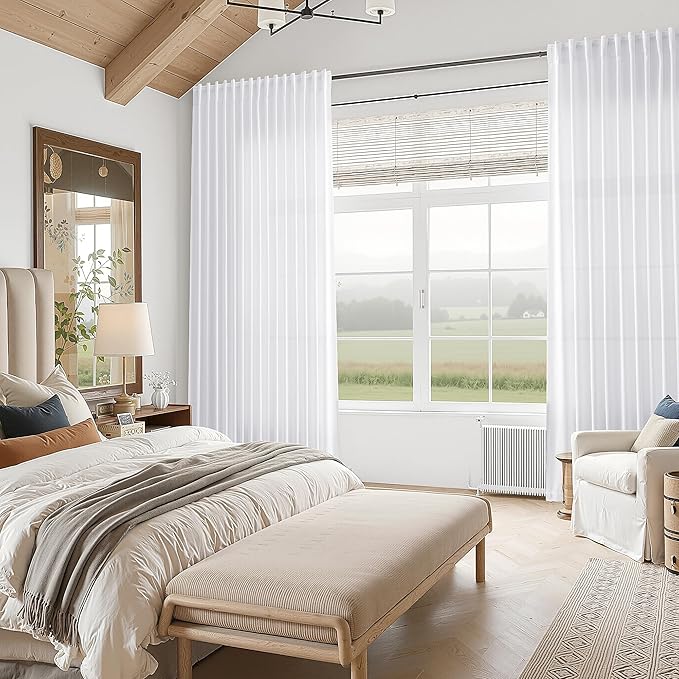Snow White Linen Curtains 108 Inches Long for Living Room Light Filtering Semi Sheer Curtain Back Tab Luxury Neutral Modern Farmhouse Decor Floor to Ceiling High Window for Bedroom 52x108,2 Panels
