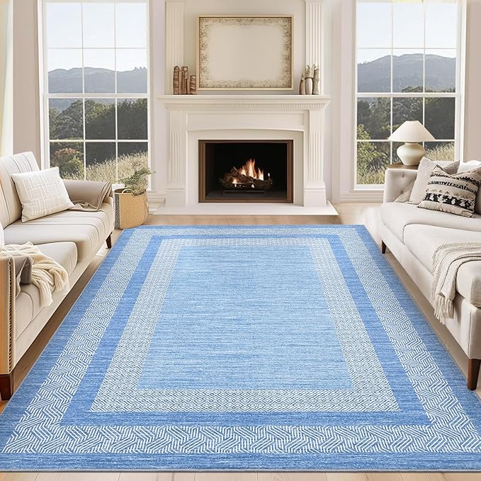 GarveeHome Modern Geometric Area Rug 5x7 Distressed Bordered Washable Non Slip Floor Carpet Non Shedding Thin Rug, Soft Low Pile Contemporary Light Blue Carpet for Dining Room, Living Room