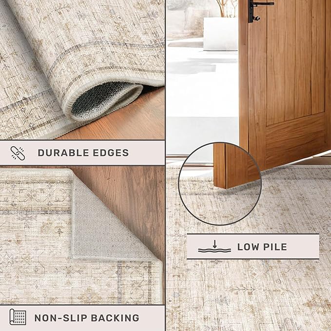 Washable 2x4 Beige Bathroom Rugs, Farmhouse Small Rugs for Entryway, Geometric Floral Design Non Slip Kitchen Floor Mats, Modern Home Décor, Low Pile & Soft Stain Resistant Carpet