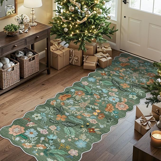 Washable 2x6 Runner Rug for Entryway: Hallway Kitchen Easy-Clean Carpet with Non-Slip Backing Stain-Resistant Low Pile Floor Mat – Perfect for High-Traffic Areas with Pets (2x6 Floral/Green)