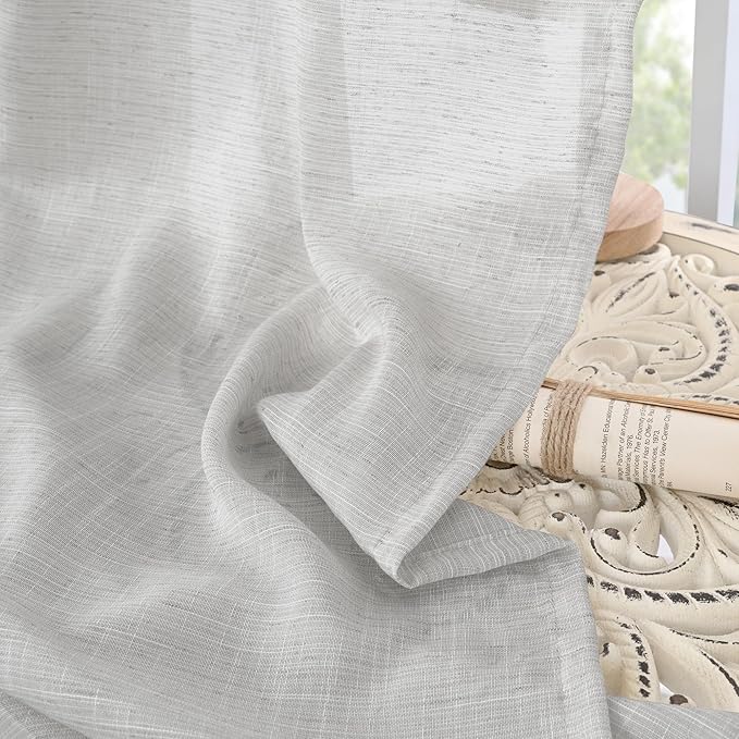 BGment Light Grey Linen Curtains 45 Inch Length for Short Window - Rod Pocket Small Drapes Textured Light Filtering for Cafe Bedroom Semi Sheer Lightweight Natural Rustic, 2 Panels Set, 42 X 45 Inch