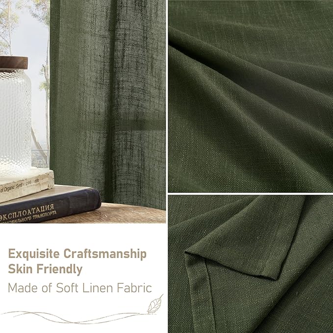 LAMIT Olive Green Light Filtering Linen Curtains 54 inches Long for Bedroom, Linen Textured Semi Sheer Back Tab and Rod Pocket Christmas Drapes for Living Room, 2 Panels, 52 x 54 Inch