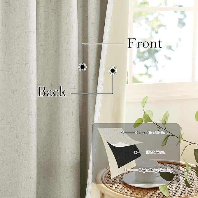 RYB HOME 100% Blackout Linen Curtains 84 inches Long 2 Panels Set, Thermal Insulated Privacy Natural Faux Linen Boho Farmhouse Curtain Panels for Living Room Bedroom, 52" W x 84" L, Beige