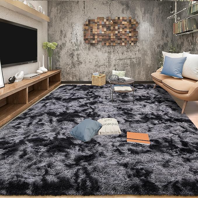 Tepook Fluffy Large Rugs for Living Room, Area Rug 6x9 Carpet for Bedroom, Modern Shaggy Rug for Kids Boys Girls, Plush Indoor Nursery Home Decor Rug with Non-Slip Bottom, Tie-dye Dark Grey