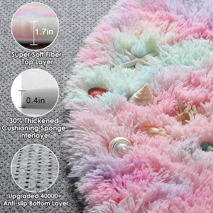 ONASAR Rainbow Round Rugs 6ft for Living Room Bedroom, Fluffy Circle Area Rug for Kids Girls Boys Teen, Soft Plush Shaggy Carpet for Nursery Dorm Classroom Playroom Home Decor Aesthetic