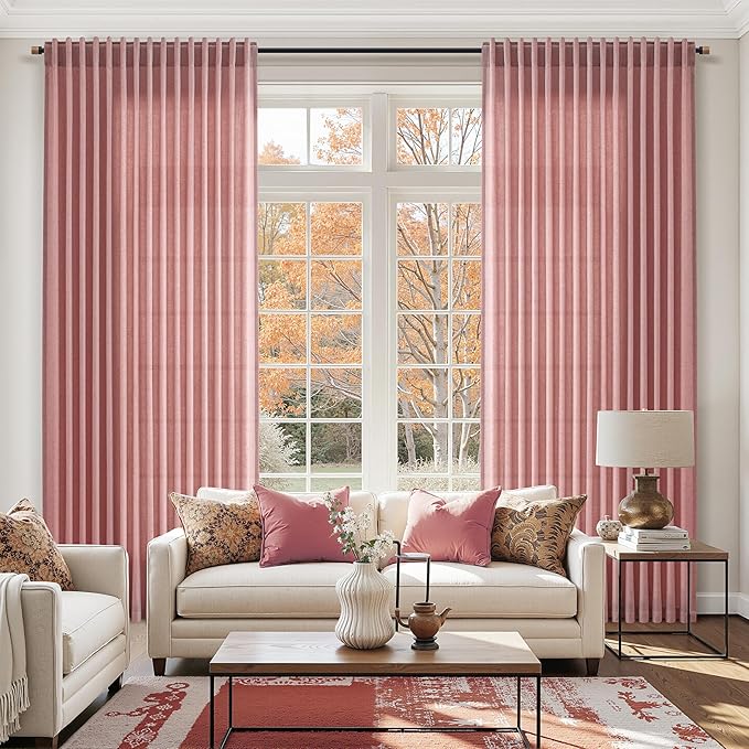 Canyon Rose Linen Curtains for Living Room 105 Inches Long Light Filtering Semi Sheer Curtain Back Tab Modern Farmhouse Decor Elegant Luxury Boho Girl Drapes for Bedroom Dinner Room 52x105, 2 Panels