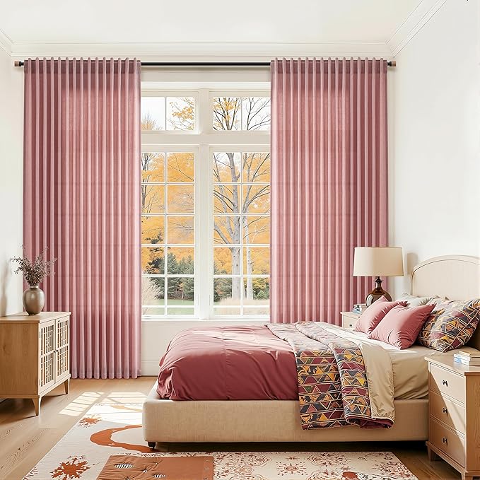 Canyon Rose Linen Curtains for Living Room 126 Inches Long Light Filtering Semi Sheer Curtain Back Tab Modern Farmhouse Decor Boho Girl Drapes Floor to Ceiling High Window for Bedroom 52x126, 2 Panels