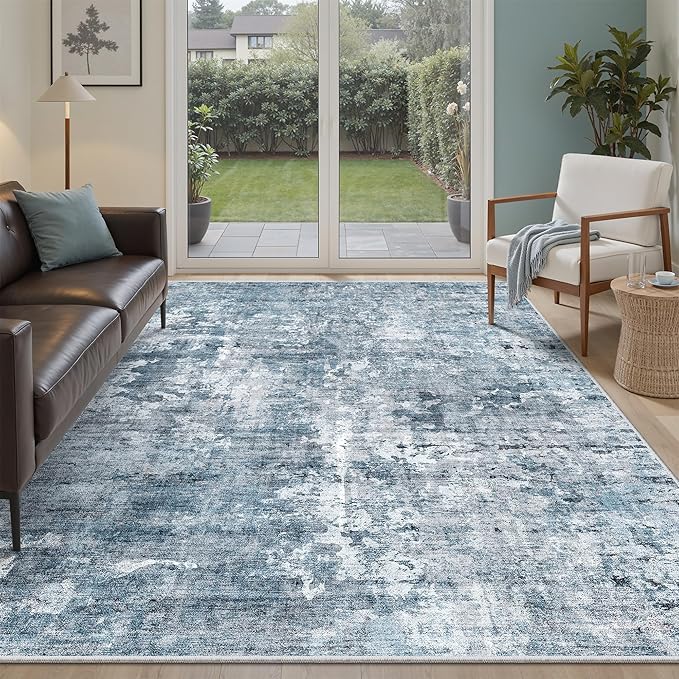 Area Rug 6x9 Abstract Rugs for Living Room 6 x 9 Washable Rugs Blue Non Slip Low Pile Rugs for Bedroom Dining Room Foldable Thin