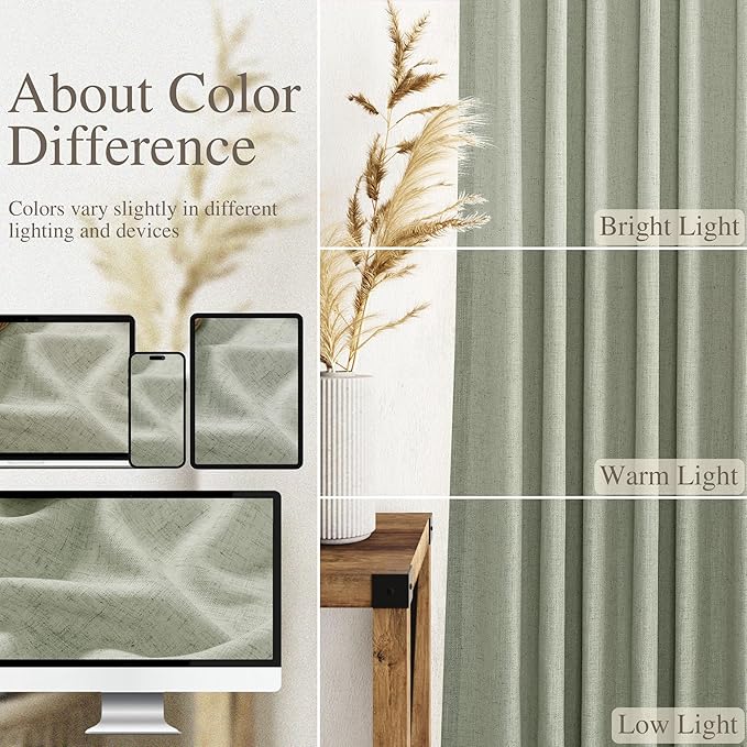 Nanspring Sage Green Linen Curtains 63 Inches Length 2 Panels Set for Living Room Back Tab Pocket Light Filtering Semi Sheer Drapes Cotton Linen Textured Pale Green Window Curtain 52X63 Inches