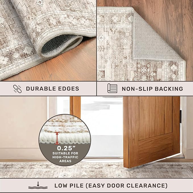 Hazo Haus Washable Neutral Farmhouse Living Room Rug, 5x8 Area Rugs for Bedroom Under Bed, Nursery Room, Boho Vintage Floral Non-Slip Rug Low Pile Stain Resistant (5x8 Beige/Latte)