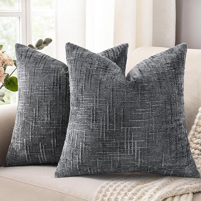 decorUhome Dark Grey Chenille Throw Pillow Covers 16x16 Set of 2 Textured Soft Cozy Slubby Couch Pillow Covers Modern Farmhouse Boho Decorative Pillow Cases for Bed Sofa Living Room