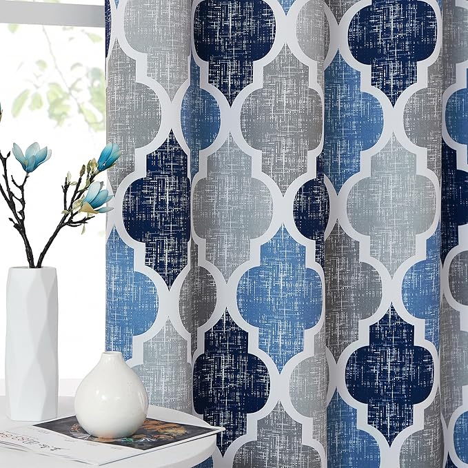 Beauoop 100% Blackout Curtains 54 Inches Long 2 Panels for Bedroom Living Room Blue Grey Moroccan Geo Room Darkening Thermal Insulated Soundproof Grommet Top Window Treatments Drapes, 50x54 Set of 2