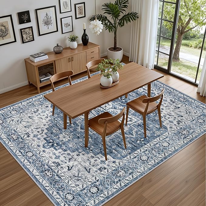 Area Rugs 10x12 Living Room Rug: Washable Rug Soft Vintage Boho Medallion Carpet Indoor Floor Non-Slip Stain Resistant Large Carpets for Bedroom Dining Room Farmhouse Nursery Home Office Blue