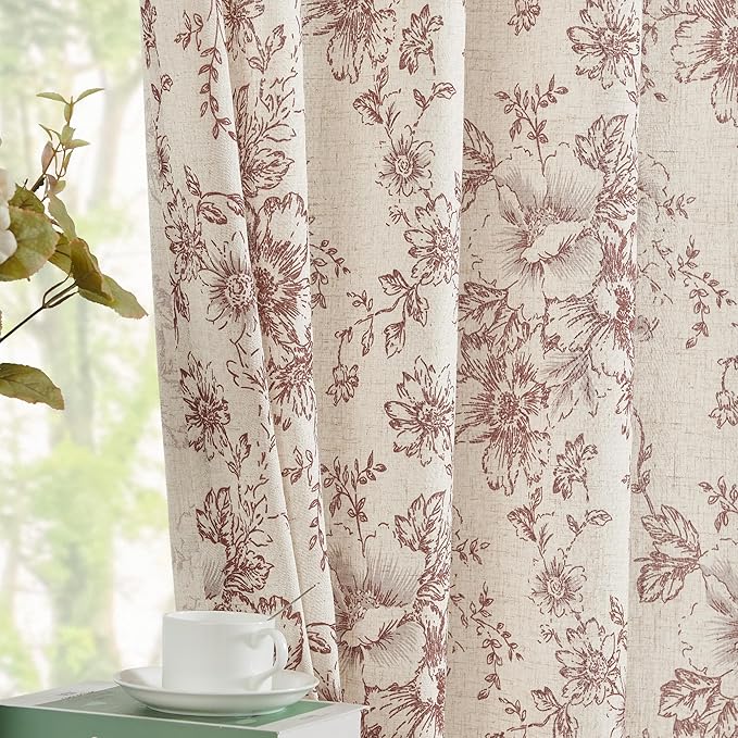 jinchan Linen Blend Curtain Floral Curtains for Living Room 108 Inch Length Farmhouse Brick Red Printed Curtain Rod Pocket Back Tab Peony Flower Patterned Drapes Curtains Set 2 Panels