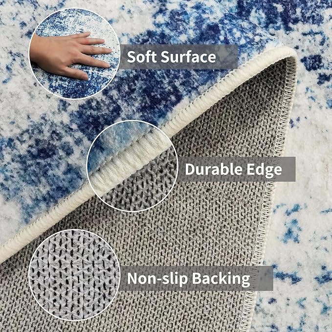2x5 Washable Runner Rug for Hallway: Non Slip Entryway Runners Rugs Easy-to-Clean - Soft Living Room Bedroom Carpet - Thin Low Pile Floor Mat for Dining Room Blue