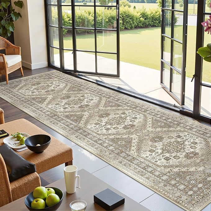 Runner Rug 2x10, Ultra-Thin Kitchen Rugs Non Slip Washable Rugs for Entryway Rug, Kitchen Runner Low Pile Vintage Soft Carpets for Living Room, Bathroom Bedroom (Brown,2'x10')
