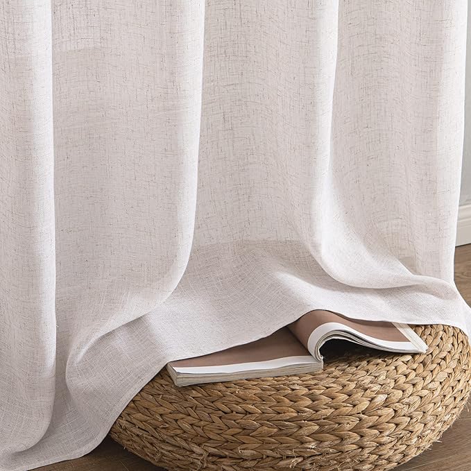 MIULEE White Linen Curtains 108 Inches Long for Bedroom Living Room, Soft Thick Linen Textured Window Drapes Semi Sheer Light Filtering Rod Pocket Back Tab Burlap Look Farmhouse Decor, 2 Panels