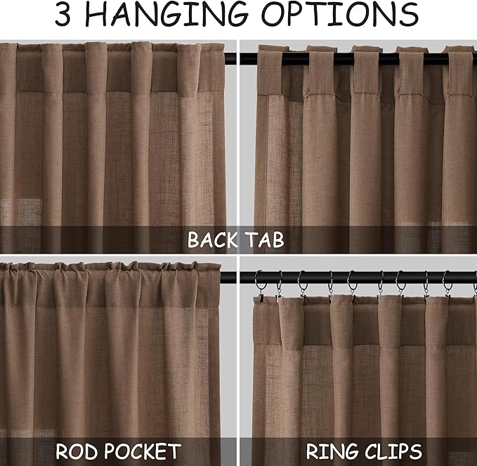 Nanspring Caramel Brown Curtains 80 Inches Long 2 Panels Set for Bedroom Back Tab Rod Pocket Semi Sheer Light Filtering Privacy Drapes Linen Blend Textured Farmhouse Living Room Curtain 52X80