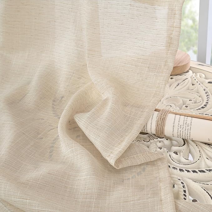 BGment Short Natural Linen Curtains 36 Inch Length for Windows, Small Sheer Drapes Lightweight Rustic Textured for Bathroom Over Sink Cafe Decor Rod Pocket, 2 Panels Set, 24 Inch Wide