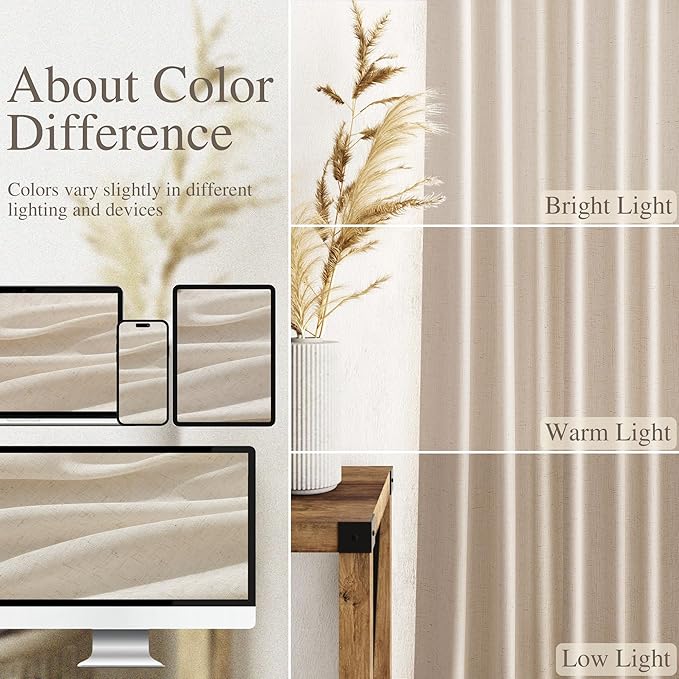 Nanspring 108 Inch Long Curtains for Living Room Cream Beige Linen Modern Farmhouse Decor Light Filtering Semi Sheer Curtain Back Tab Luxury Floor to Ceiling High Window for Bedroom 52x108, 2 Panels