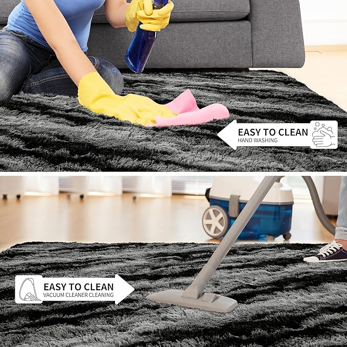 Tepook Soft Fluffy Rugs for Living Room, 5x8 Shaggy Area Rug for Bedroom, Modern Shag Rug Fuzzy Carpets for Kids, Plush Indoor Nursery Home Decor Rug with Non-Slip Bottom, Black Grey